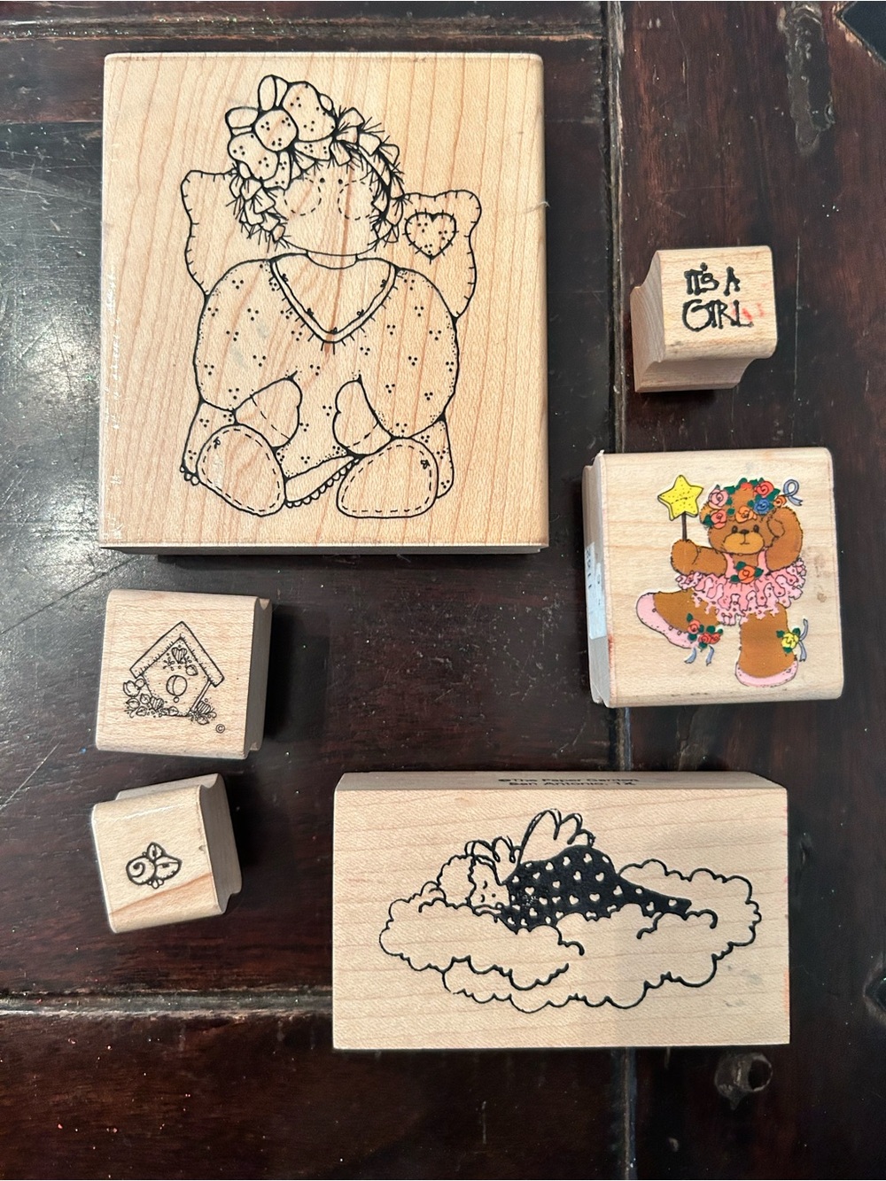Wooden Baby Girl Rubber Stamp Themed Set (6 Stamps)
